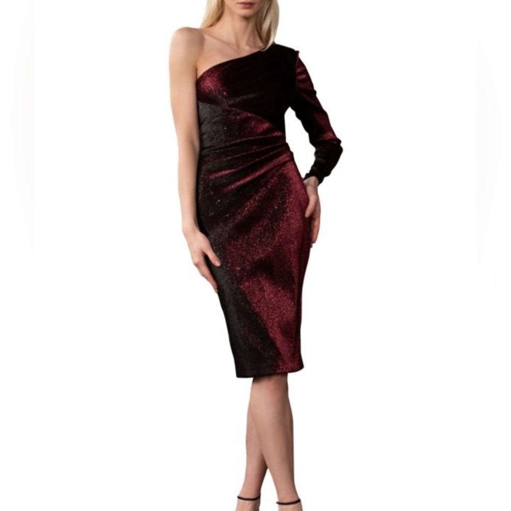 THEIA One-Shoulder Rushed Metallic Garnet Cocktail Dress SZ‎ 12